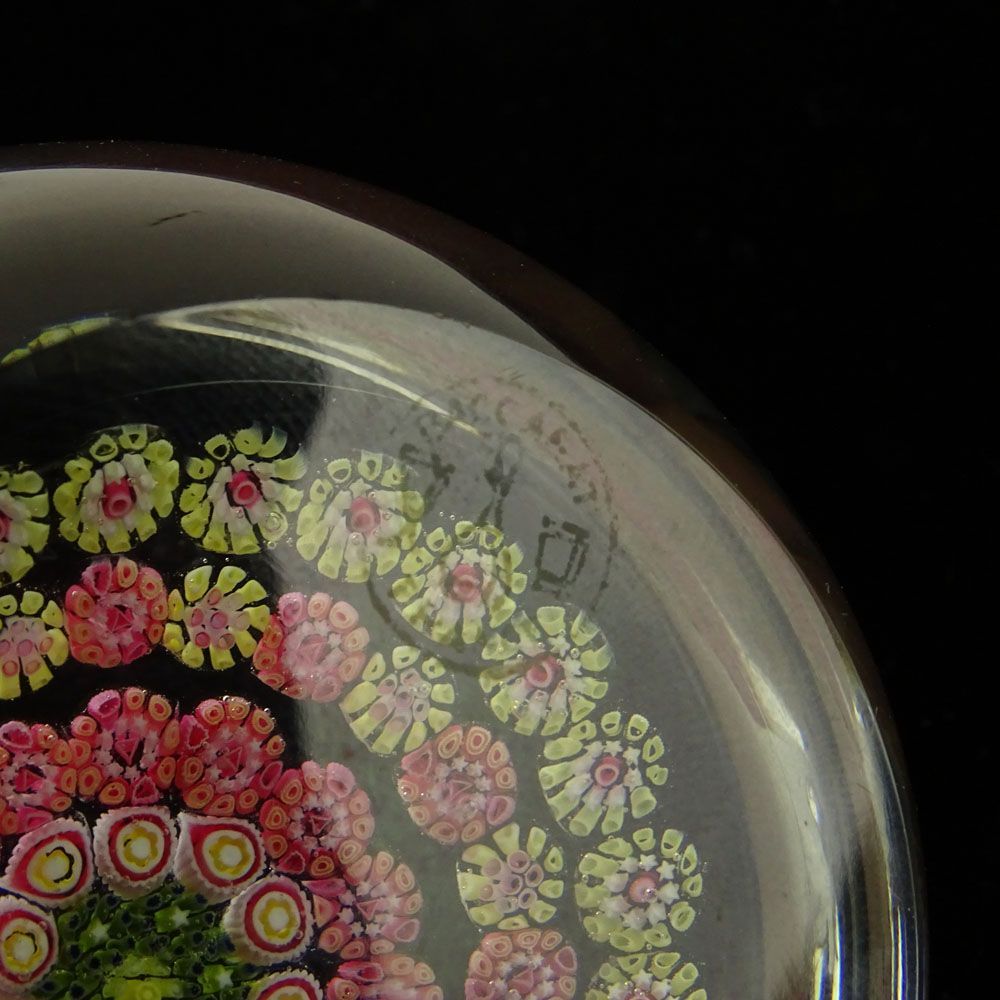Baccarat Glass Paperweight. Concentric pink, yellow, white and green millefiore. 
