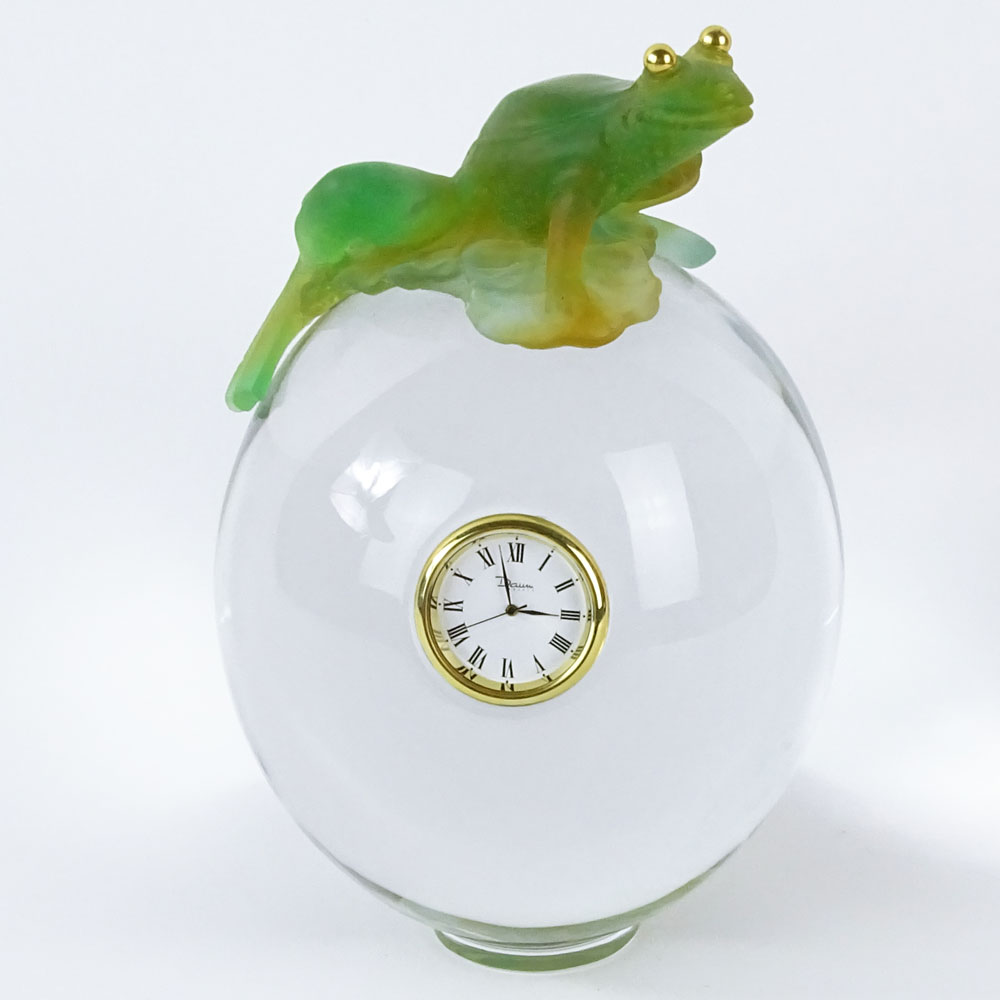 Daum France Glass Orb with Clock and Pate de Verre Frog