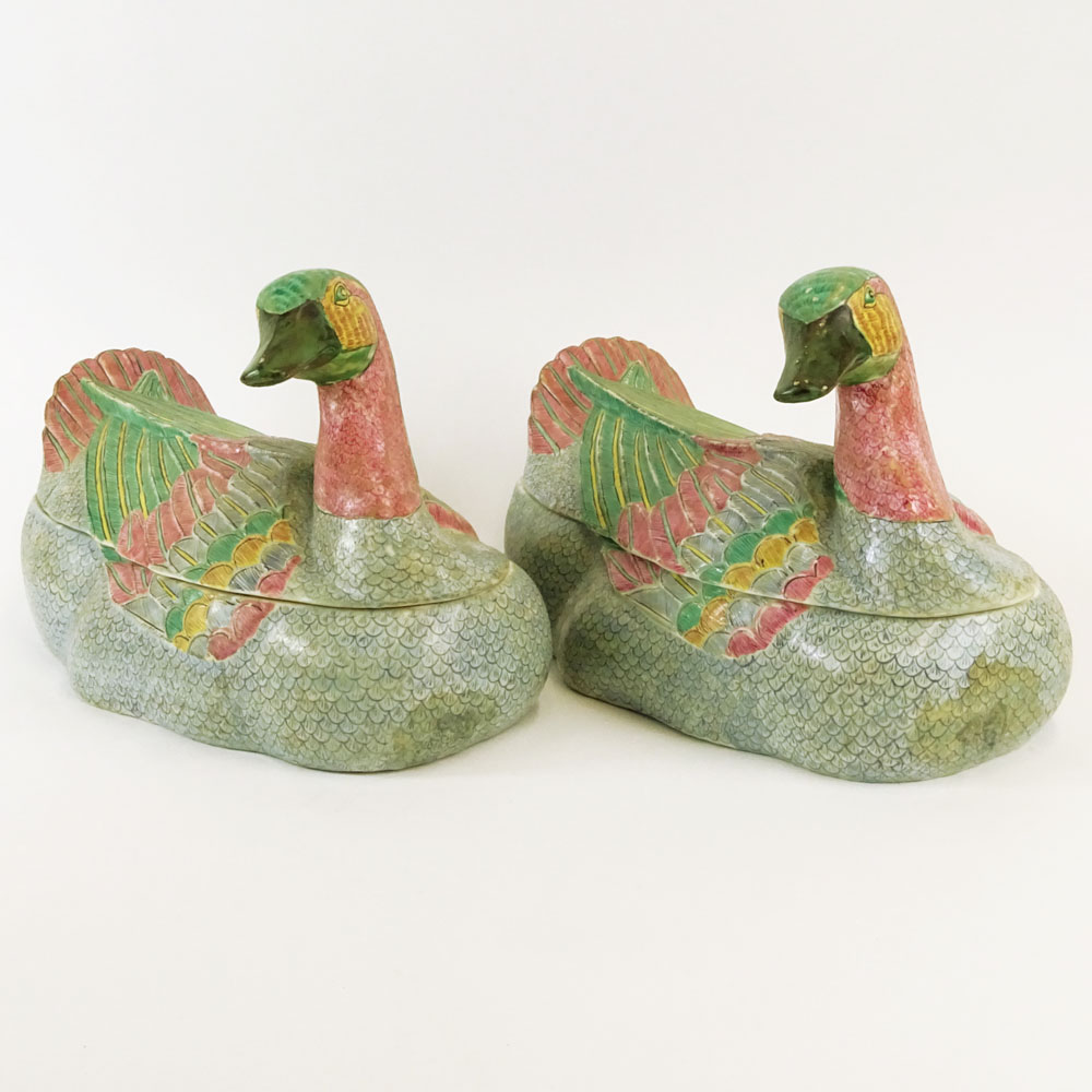 Pair 20th Century Chinese Porcelain Duck Form Covered Tureens.