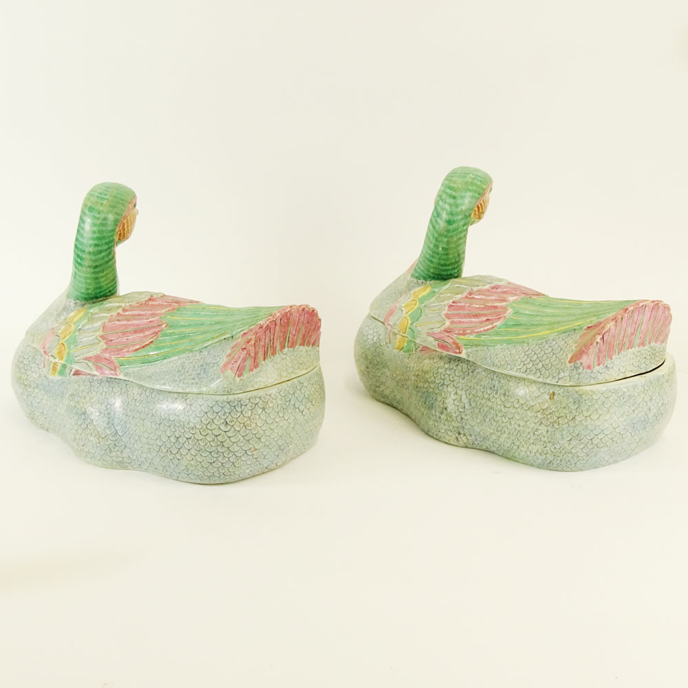 Pair 20th Century Chinese Porcelain Duck Form Covered Tureens.