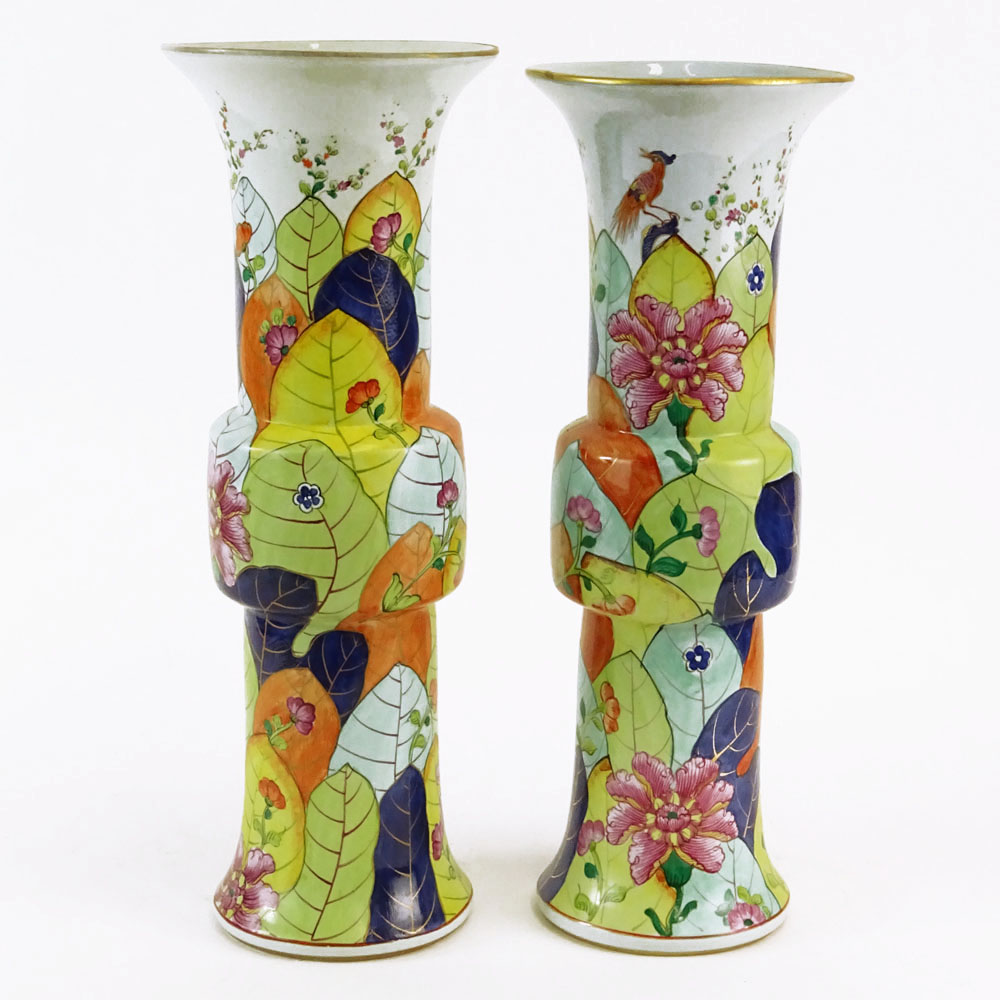 Pair of Vintage Mottahedeh Tobacco Leaf Gu Shaped Beaker