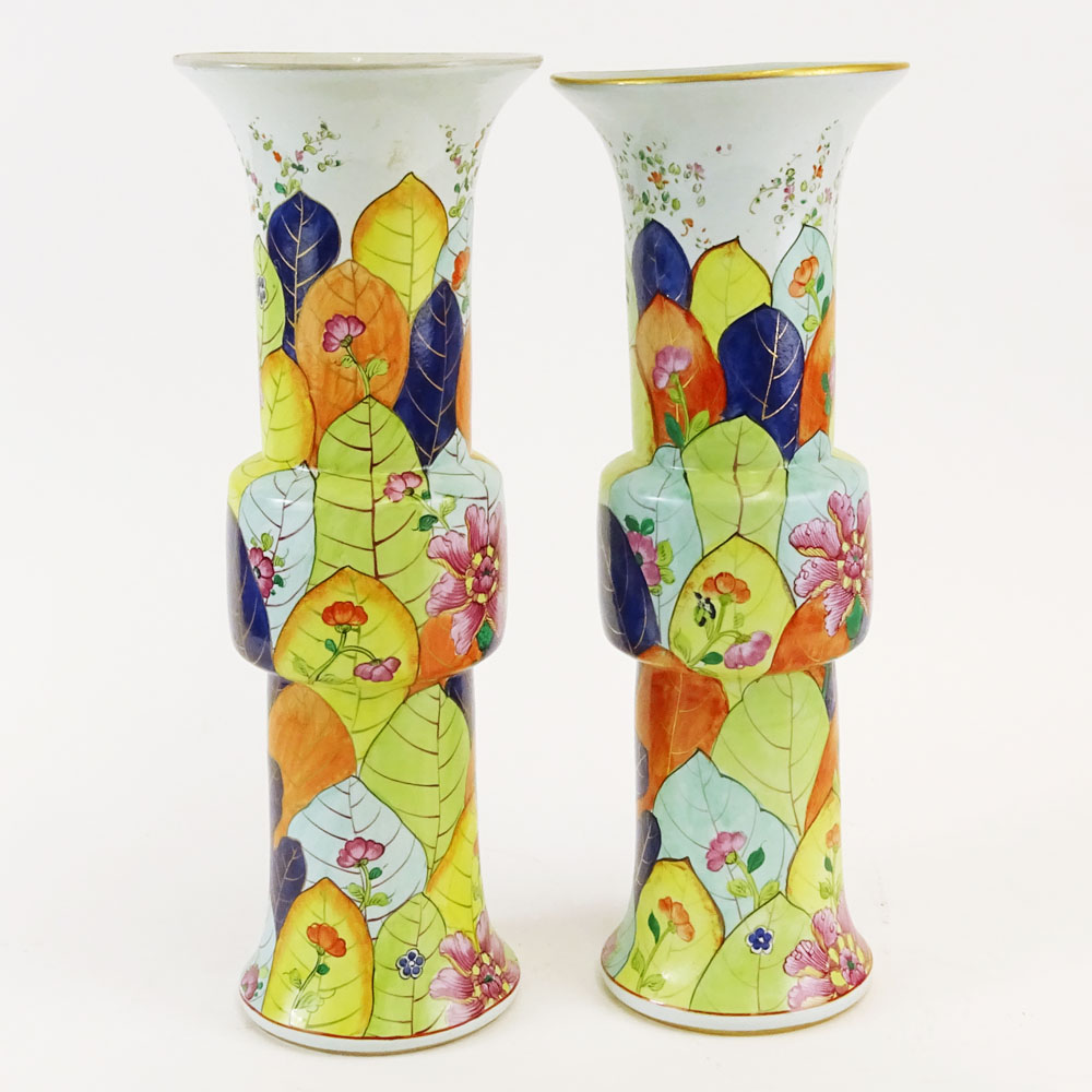 Pair of Vintage Mottahedeh Tobacco Leaf Gu Shaped Beaker