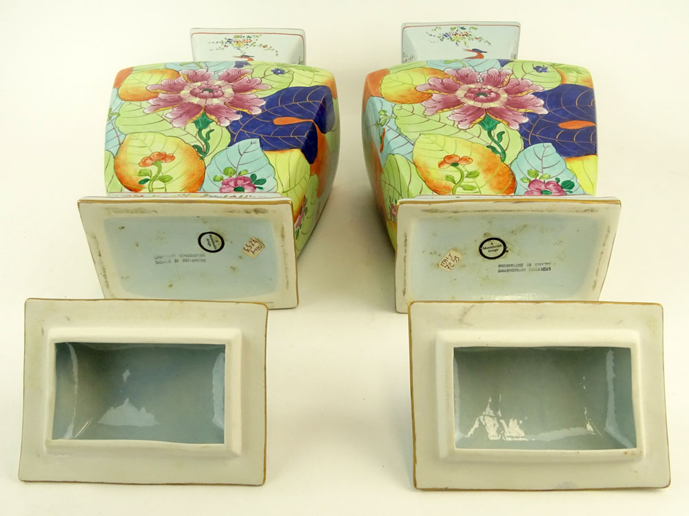 Pair of Vintage Mottahedeh Tobacco Leaf Large Square Ginger Jars With Foo Dog Finials.