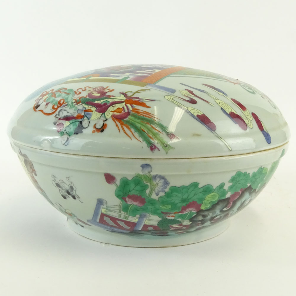 Large Chinese Hand Painted Porcelain Round Covered Tureen.