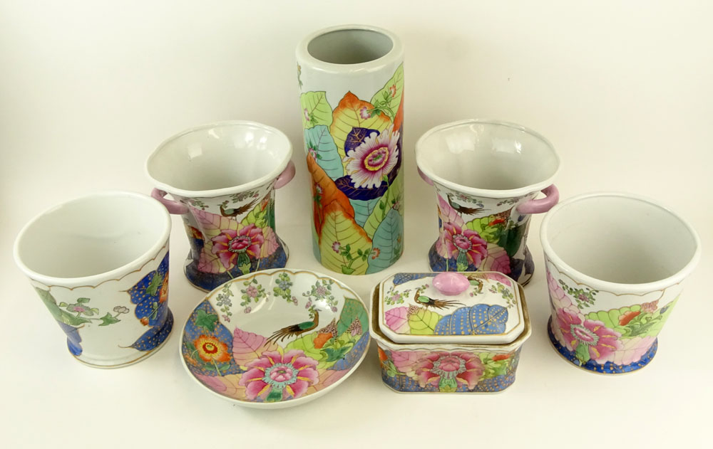 Collection of Seven (7) Vintage Tobacco Leaf Porcelain Vases.