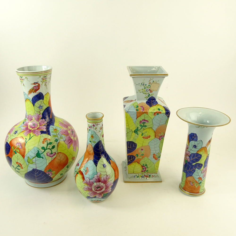 Collection of Four (4) Vintage Mottahedeh Porcelain Tobacco Leaf Vases.