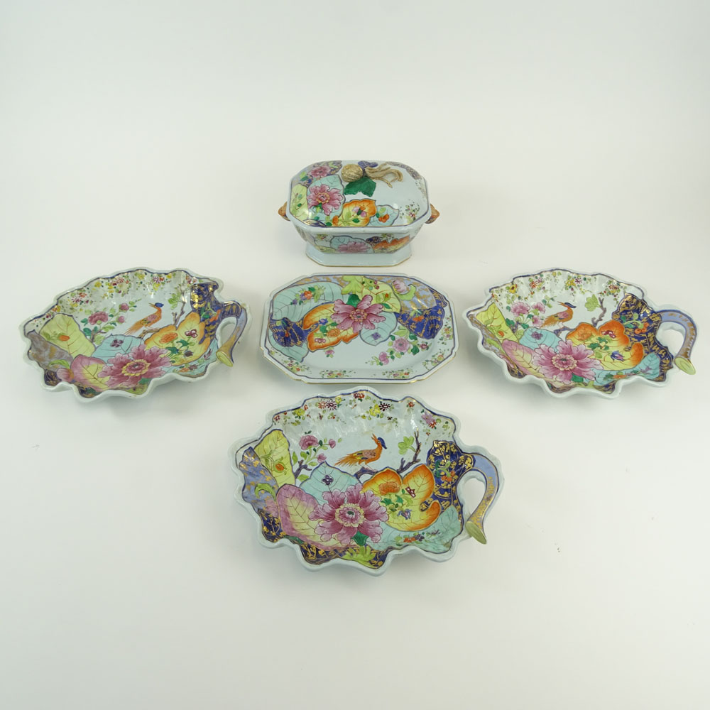 Collection of 5 Pieces Vintage Mottahedeh Porcelain Tobacco Leaf Dishes and small covered tureen with underplate.