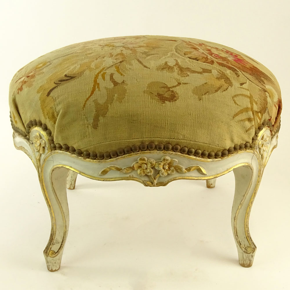 Early 20th Century French Louis XV Style, Painted and Parcel Gilt Tabouret with Aubusson Cover. 