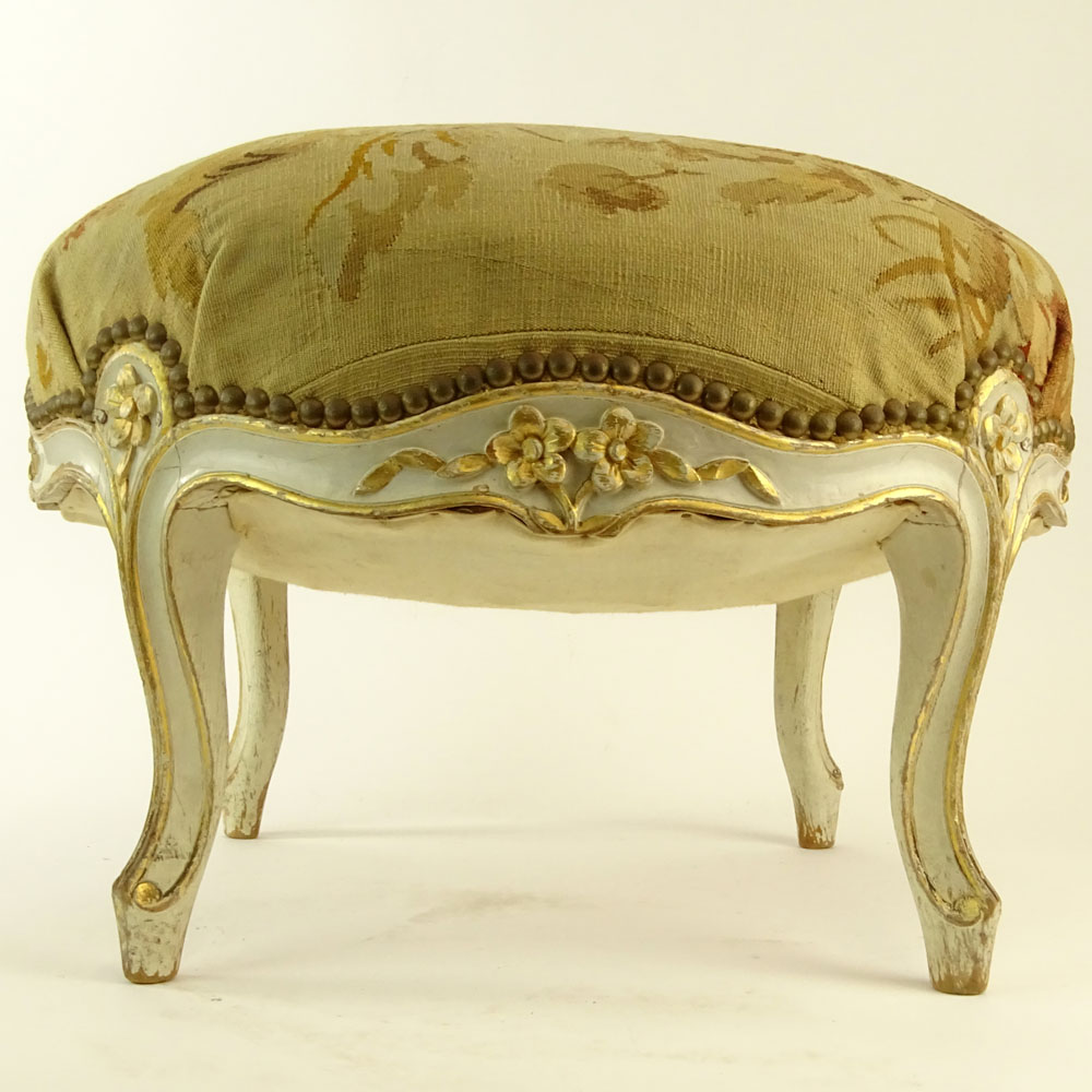 Early 20th Century French Louis XV Style, Painted and Parcel Gilt Tabouret with Aubusson Cover. 