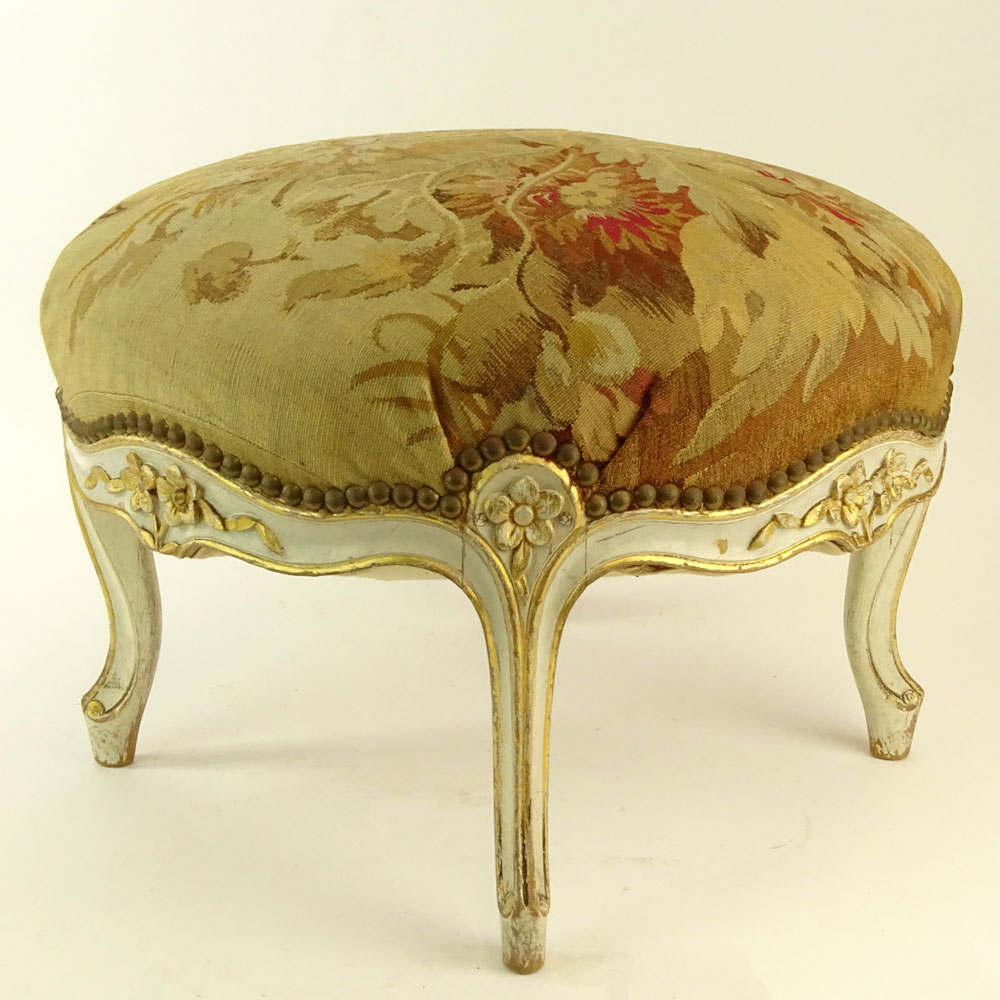 Early 20th Century French Louis XV Style, Painted and Parcel Gilt Tabouret with Aubusson Cover. 