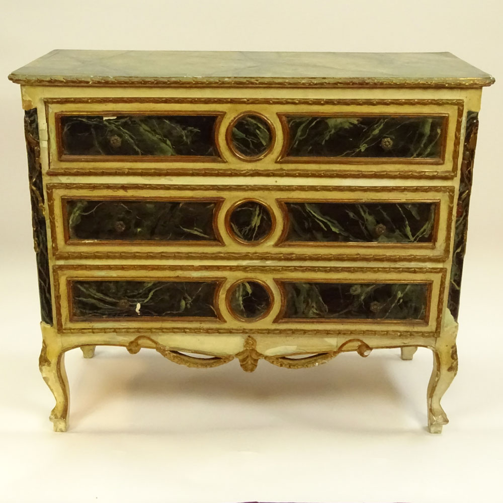 19/20th Century Probably Italian Faux Marble Painted and Parcel Gilt Three Drawer Commode.