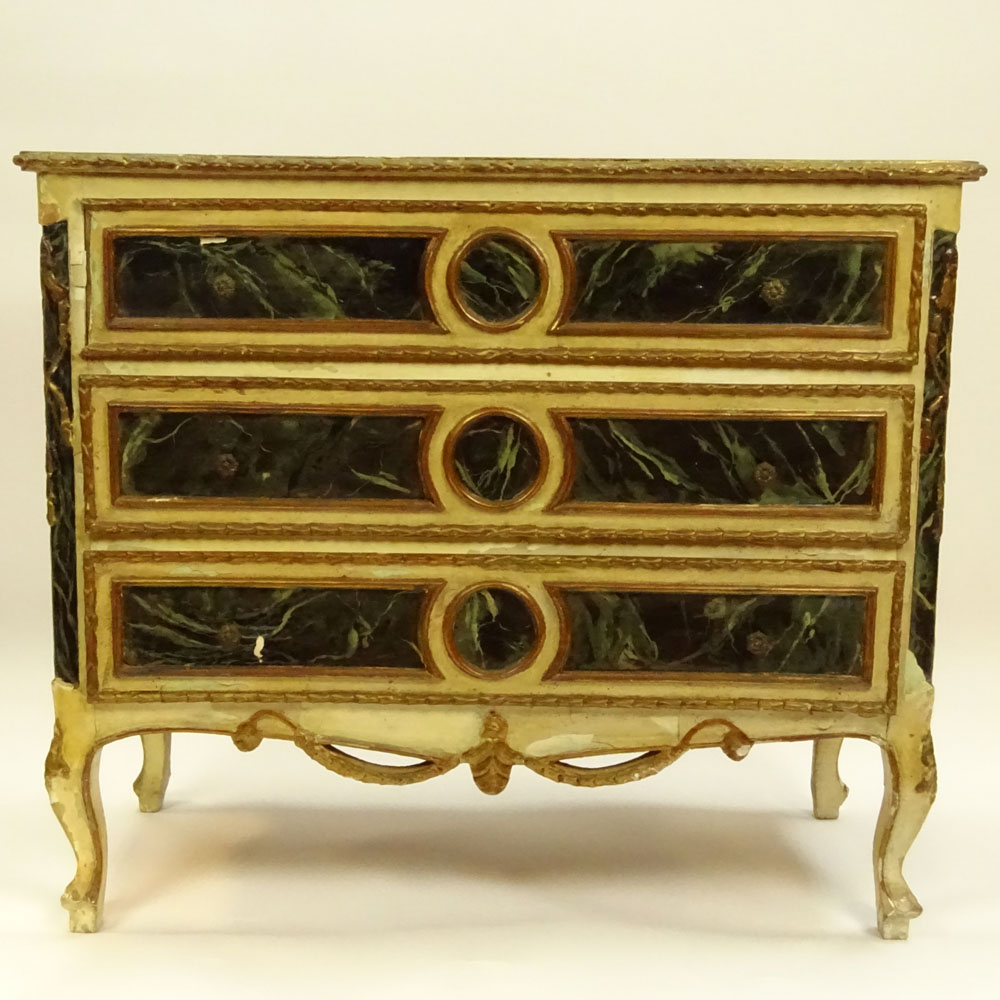 19/20th Century Probably Italian Faux Marble Painted and Parcel Gilt Three Drawer Commode.