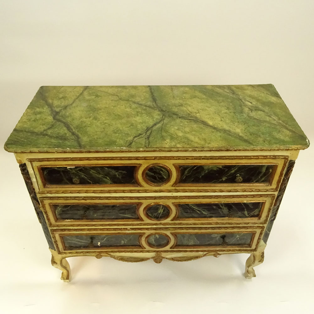 19/20th Century Probably Italian Faux Marble Painted and Parcel Gilt Three Drawer Commode.