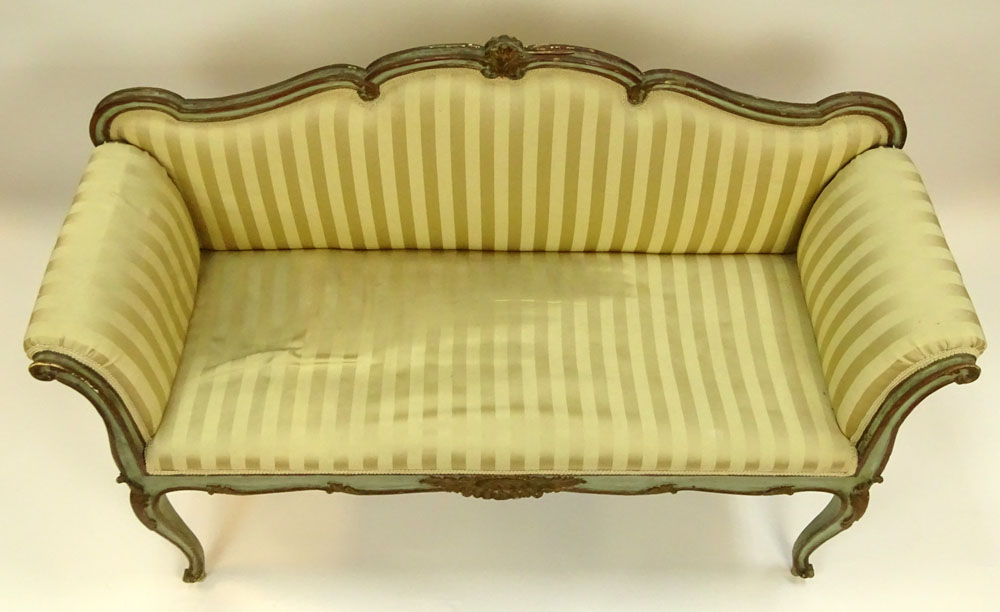 19/20th Century Venetian Style Carved, Painted and Parcel Gilt Wood Bench. 