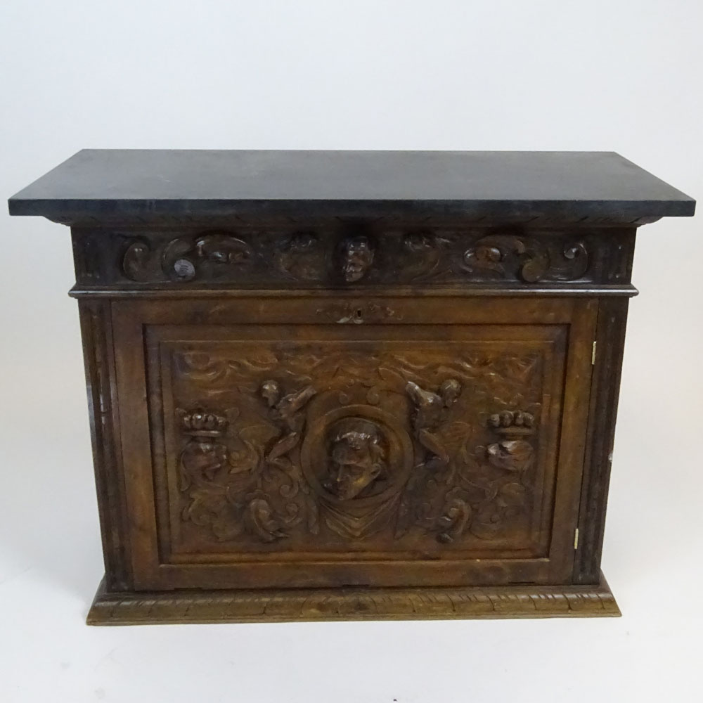19/20th Century Continental Renaissance style Carved Walnut Cabinet with Later Slate Top.