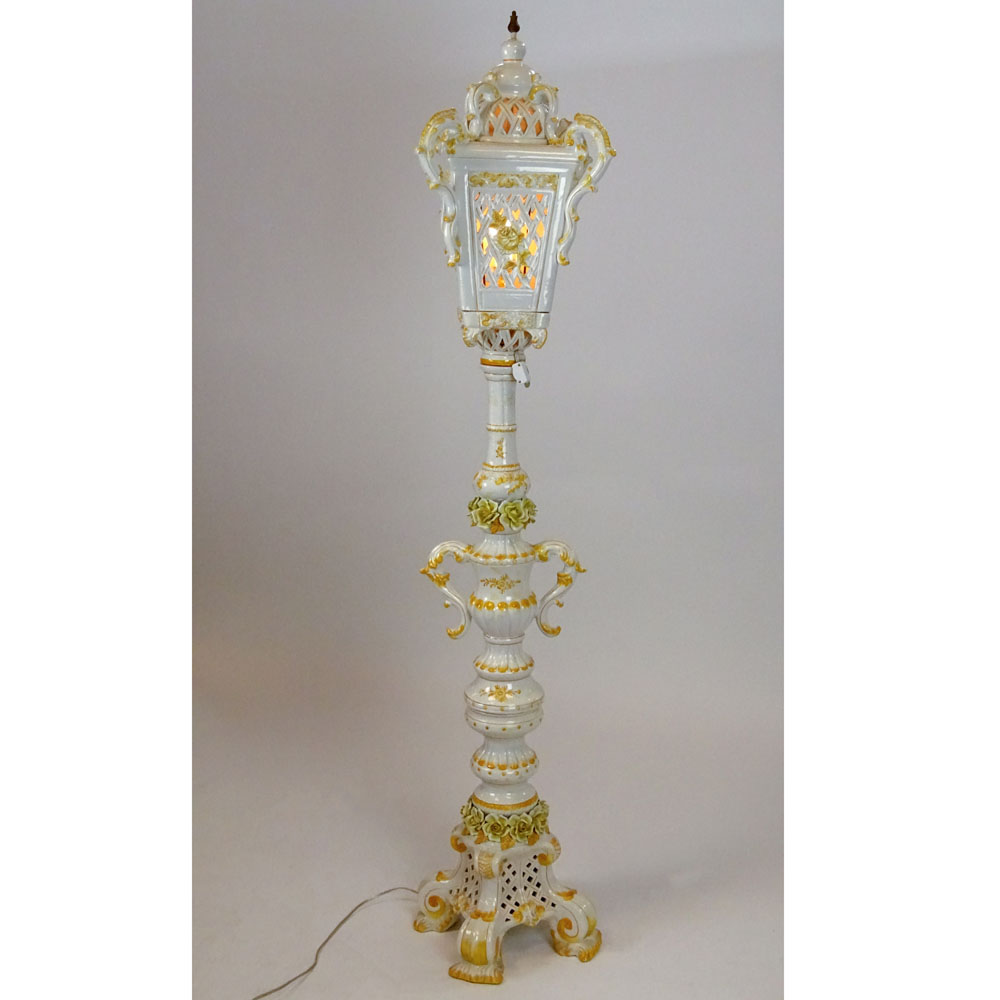 Vintage Italian Porcelain Capodimonte Style Reticulated Tall Floor Lamp Lantern.