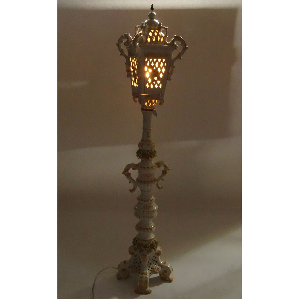 Vintage Italian Porcelain Capodimonte Style Reticulated Tall Floor Lamp Lantern.