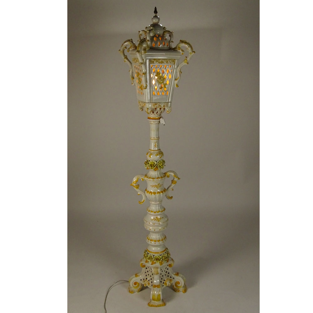 Vintage Italian Porcelain Capodimonte Style Reticulated Tall Floor Lamp Lantern.