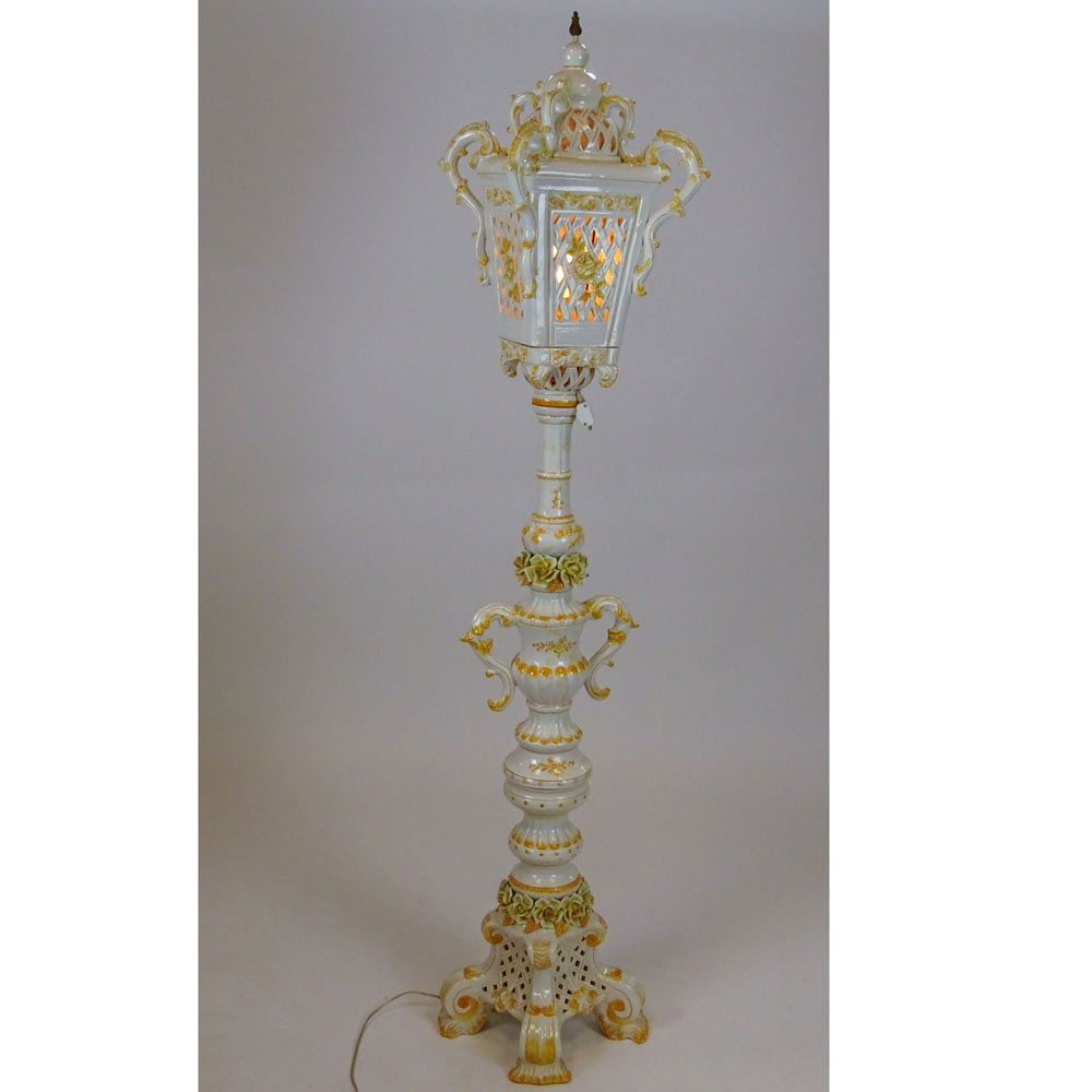 Vintage Italian Porcelain Capodimonte Style Reticulated Tall Floor Lamp Lantern.