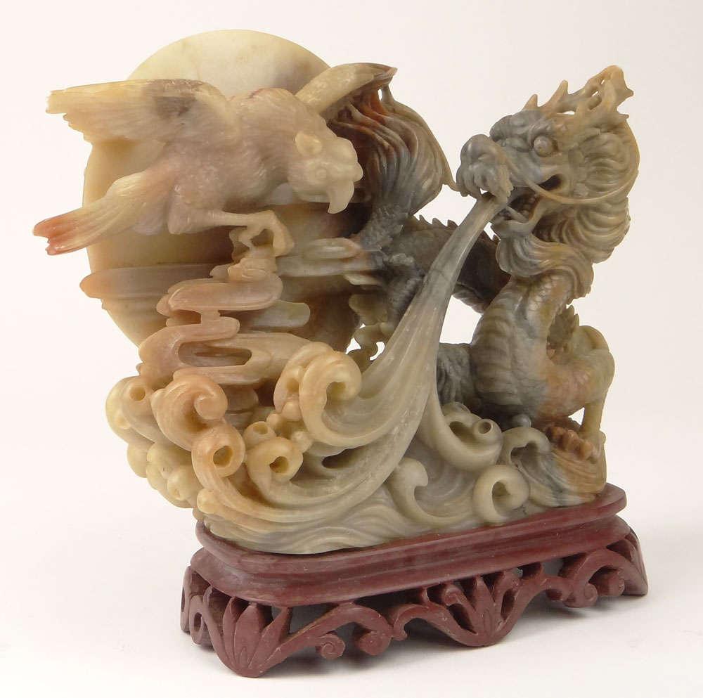 Chinese Carved Soapstone Sculpture Group and Base "Dragon with Eagle". 