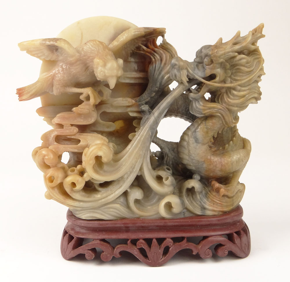 Chinese Carved Soapstone Sculpture Group and Base "Dragon with Eagle". 