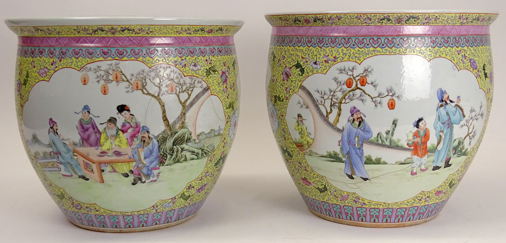 Pair of Mid Century Chinese Famille Rose Porcelain Jardinières.