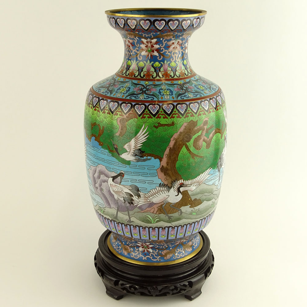 Chinese Cloisonne Enamel Vase with wood base.