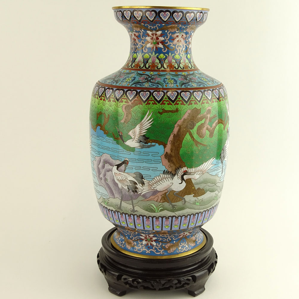 Chinese Cloisonne Enamel Vase with wood base.