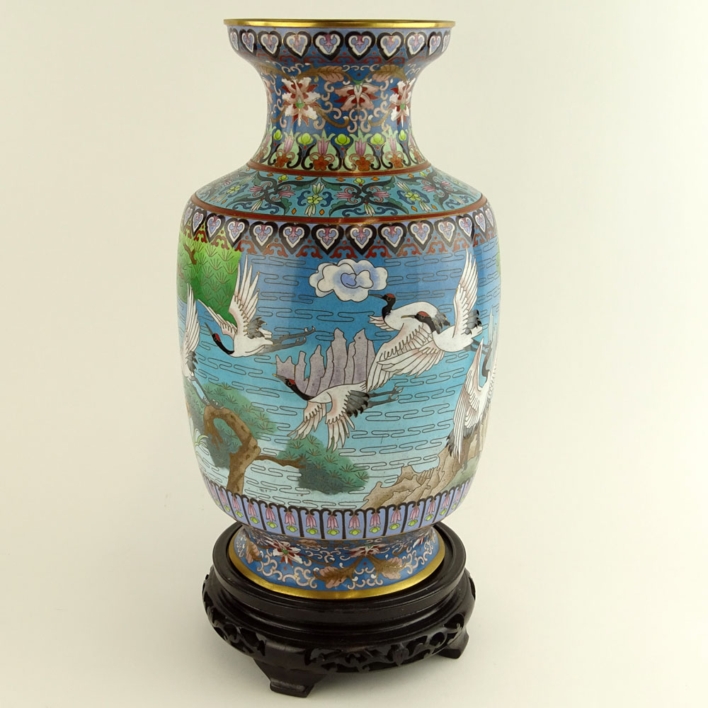 Chinese Cloisonne Enamel Vase with wood base.