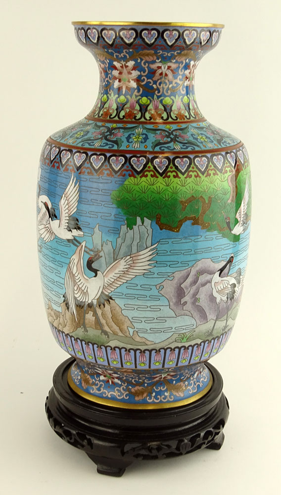 Chinese Cloisonne Enamel Vase with wood base.