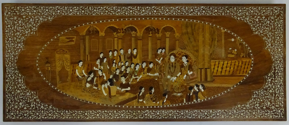Large Vintage Asian Bone Inlaid Plaque. "Court Scene"
