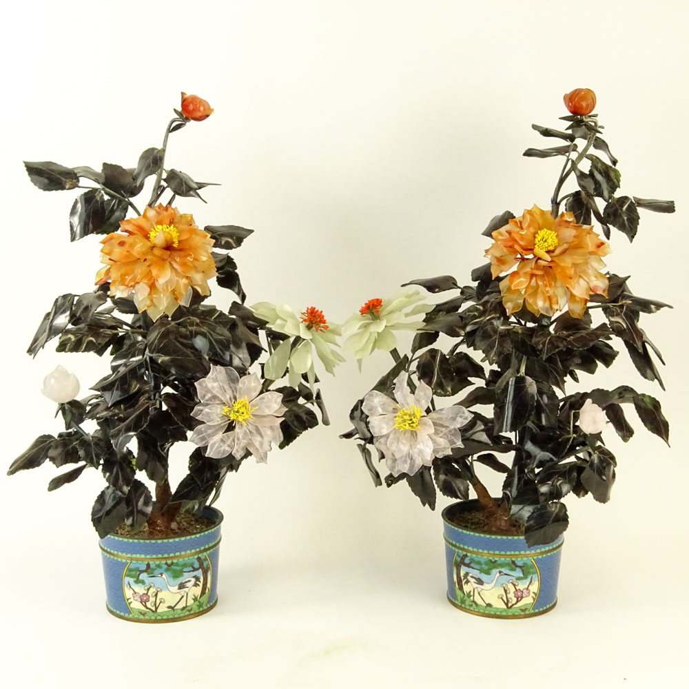 Pair Mid 20th Century Semi-Precious Stone Ming Trees In Cloisonne Planters.
