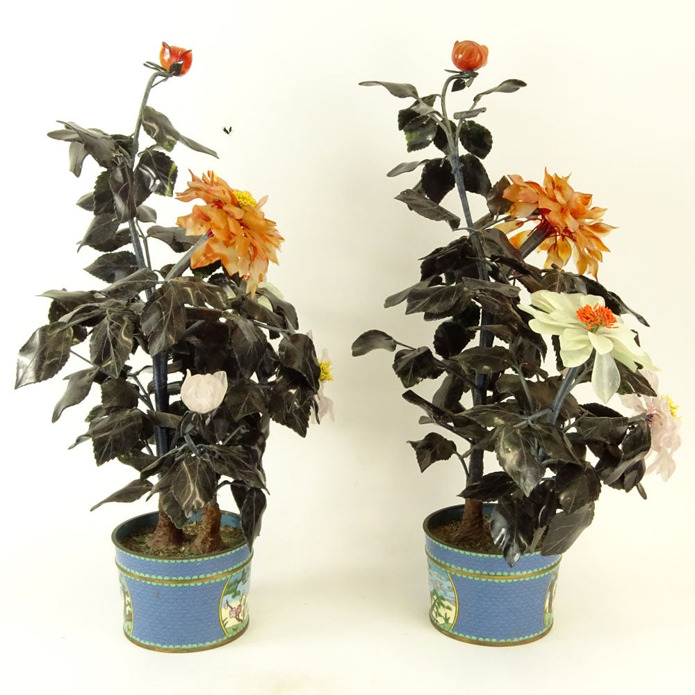 Pair Mid 20th Century Semi-Precious Stone Ming Trees In Cloisonne Planters.