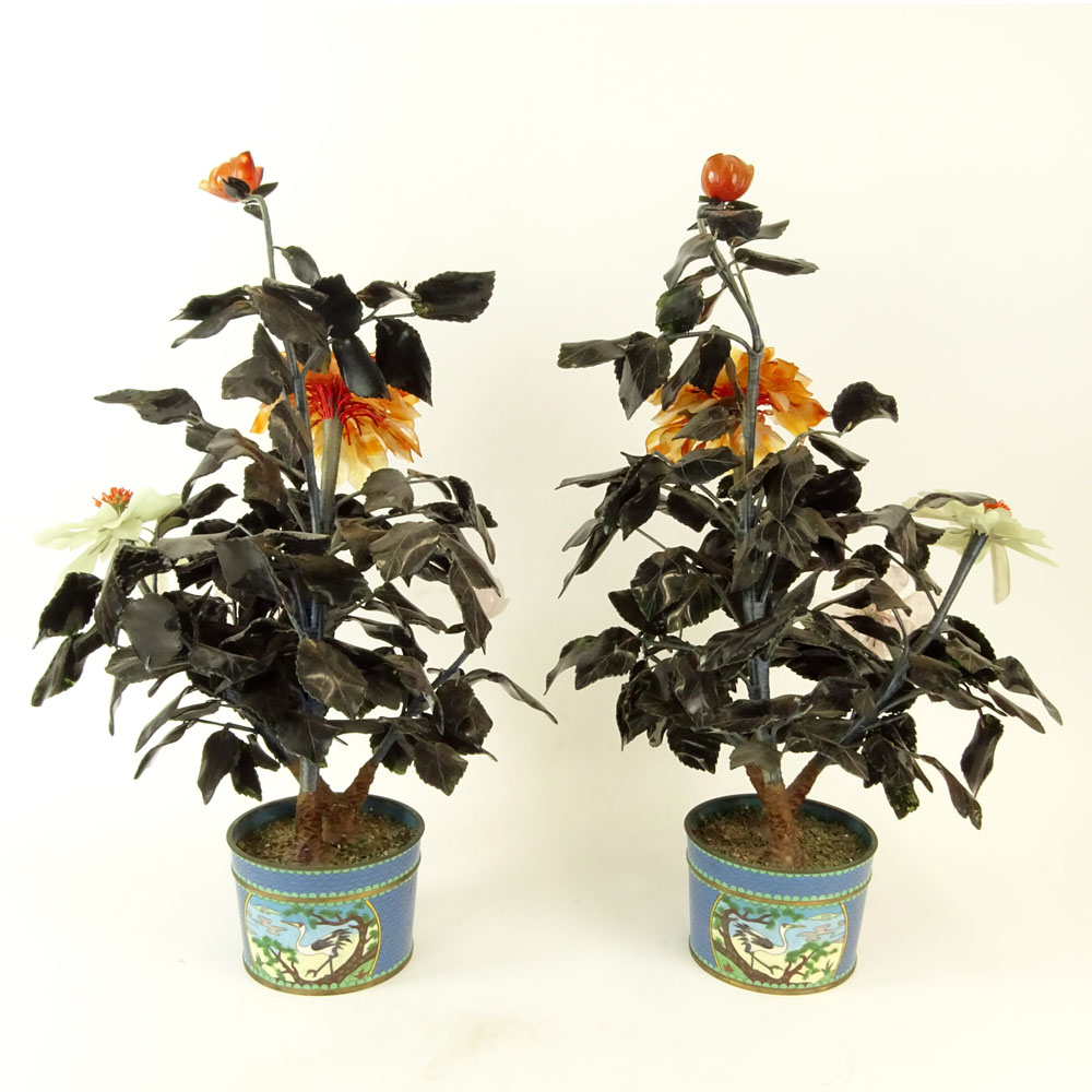 Pair Mid 20th Century Semi-Precious Stone Ming Trees In Cloisonne Planters.