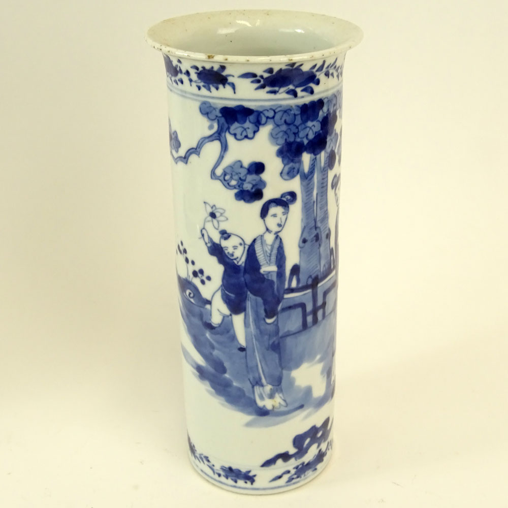 Chinese Blue and White Porcelain Cylinder Vase with Flared Rim. Figural Motif.