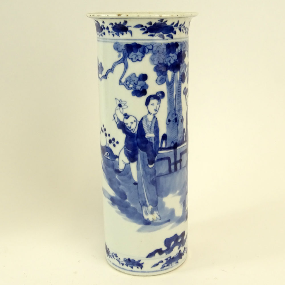 Chinese Blue and White Porcelain Cylinder Vase with Flared Rim. Figural Motif.