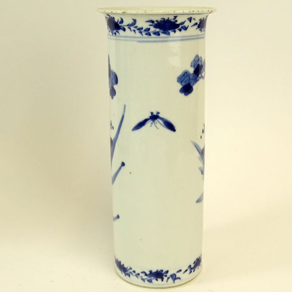 Chinese Blue and White Porcelain Cylinder Vase with Flared Rim. Figural Motif.