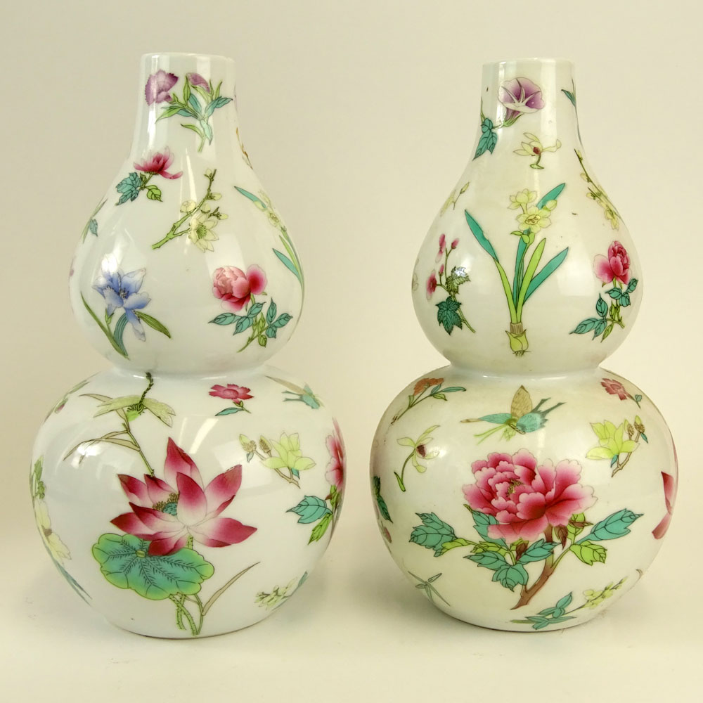 Pair 20th Century Chinese Porcelain Double Gourd Famille Rose Vases.