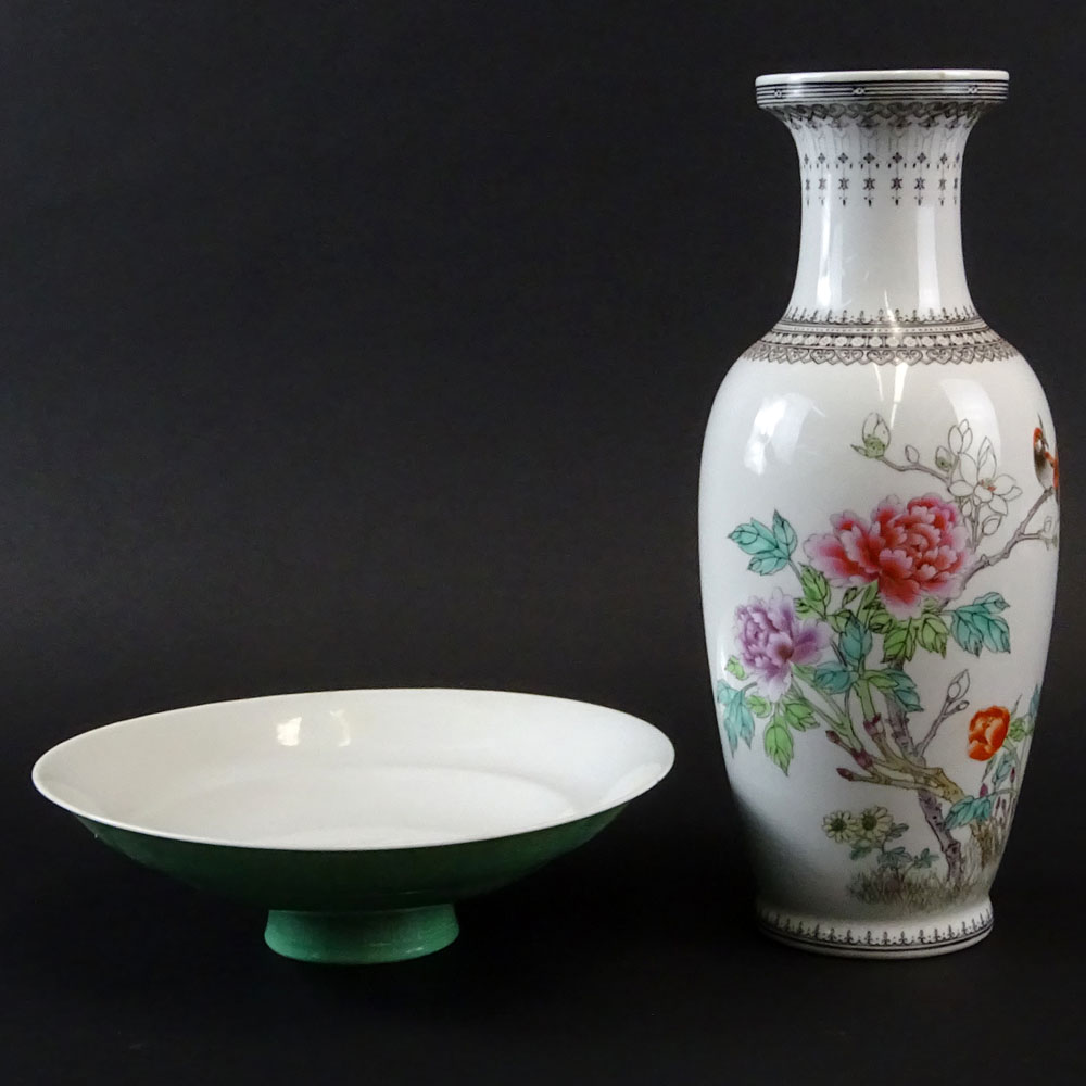 Chinese Famille Rose Baluster Vase with calligraphy, along with a shallow footed bow. 