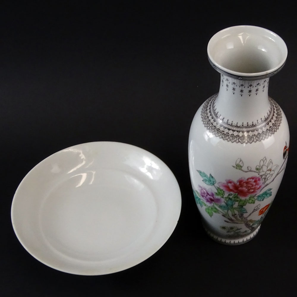 Chinese Famille Rose Baluster Vase with calligraphy, along with a shallow footed bow. 