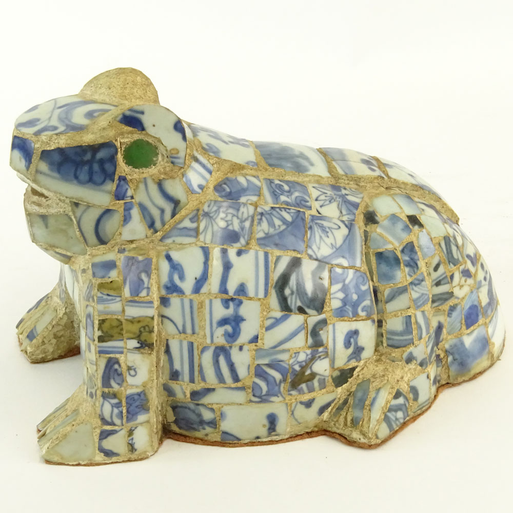 Vintage Mosaic Frog Figure Comprised of Chinese Ming Dynasty Blue & White Porcelain