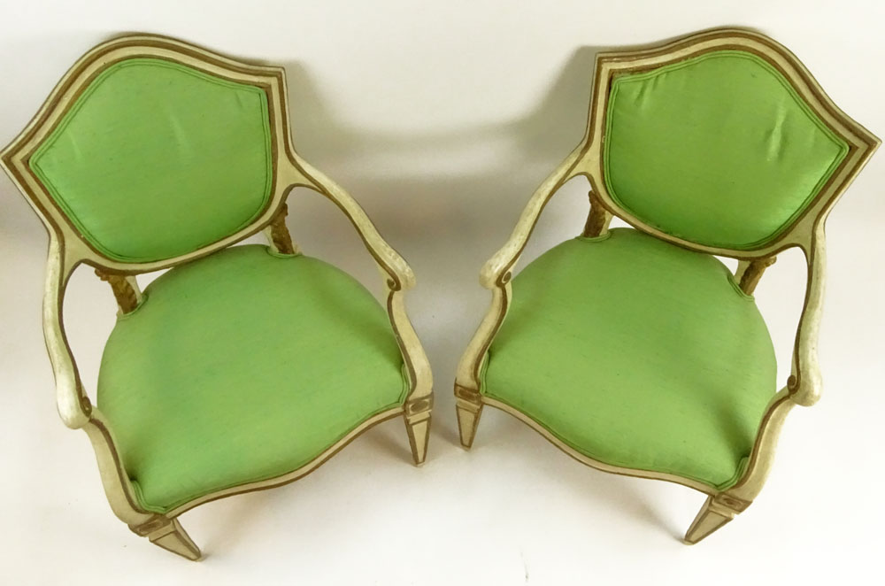 Pair of 19th Century Italian Painted and Parcel Gilt Shield Back Open Arm Chairs