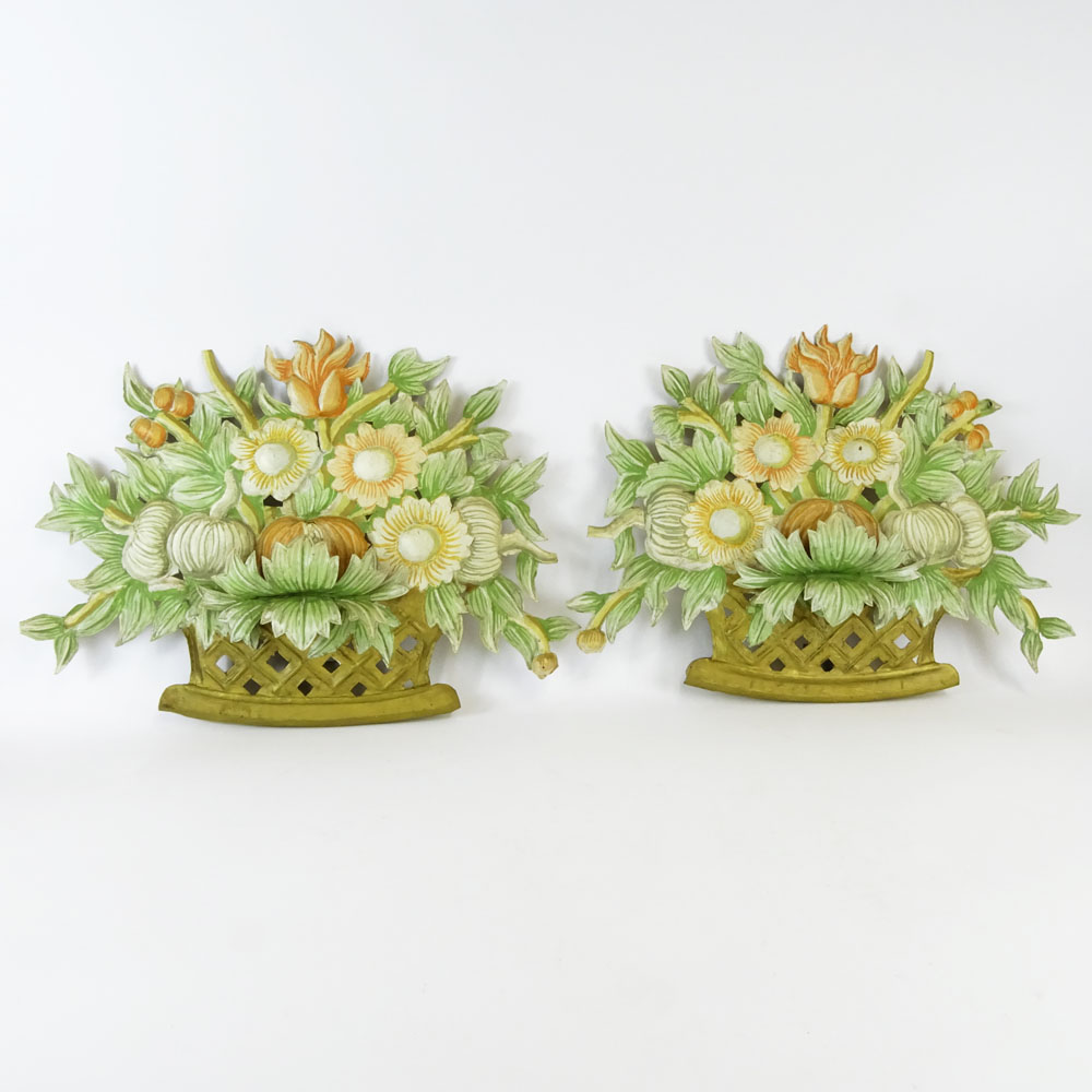 Pair of Vintage Painted Tole Floral Basket Wall Appliques.