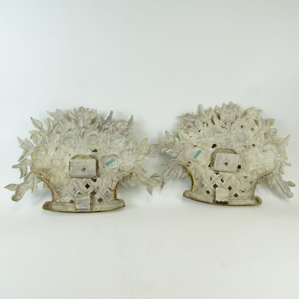 Pair of Vintage Painted Tole Floral Basket Wall Appliques.