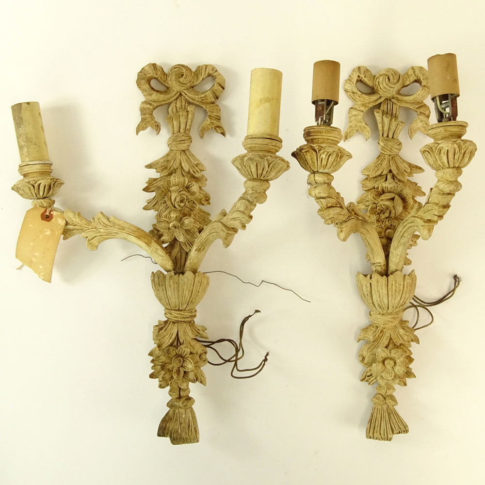 Pair of Early 20th Century Carved and Painted Wood 2 Light Sconces.