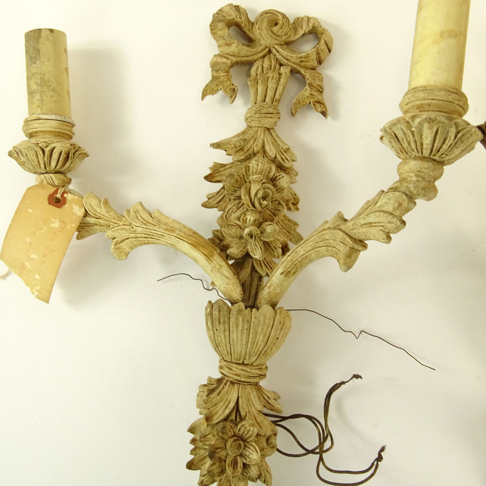 Pair of Early 20th Century Carved and Painted Wood 2 Light Sconces.