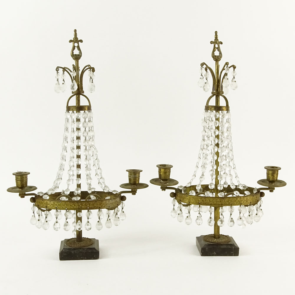 Pair of Early 20th Century Diminutive Empire Style Bronze and Crystal Girandoles.