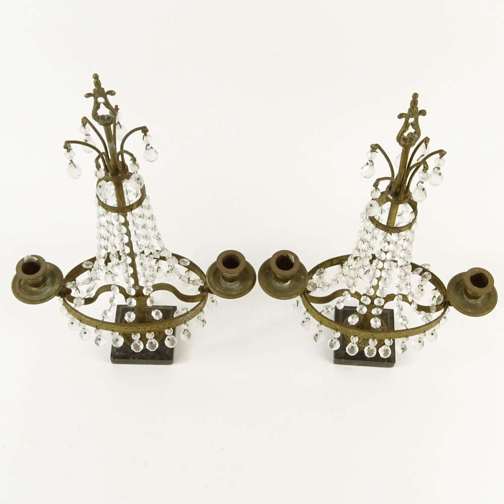 Pair of Early 20th Century Diminutive Empire Style Bronze and Crystal Girandoles.