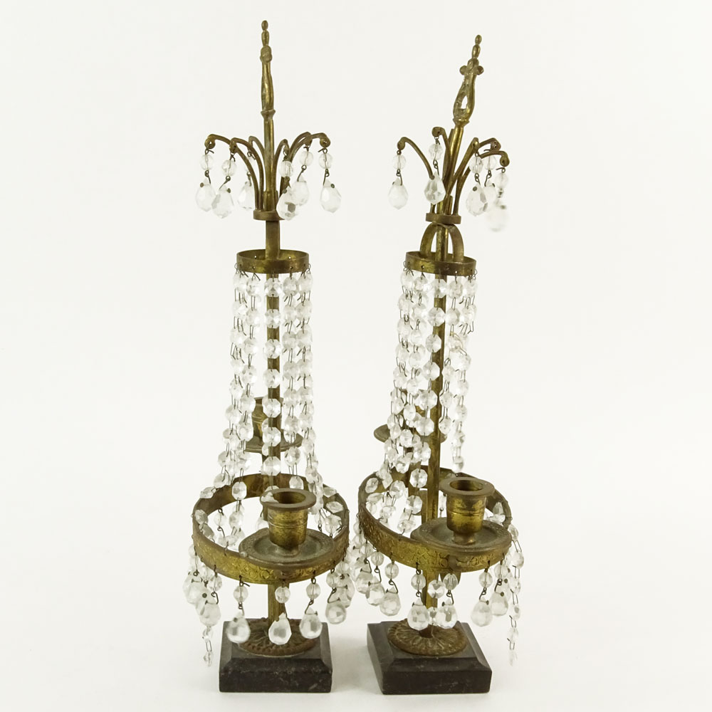 Pair of Early 20th Century Diminutive Empire Style Bronze and Crystal Girandoles.