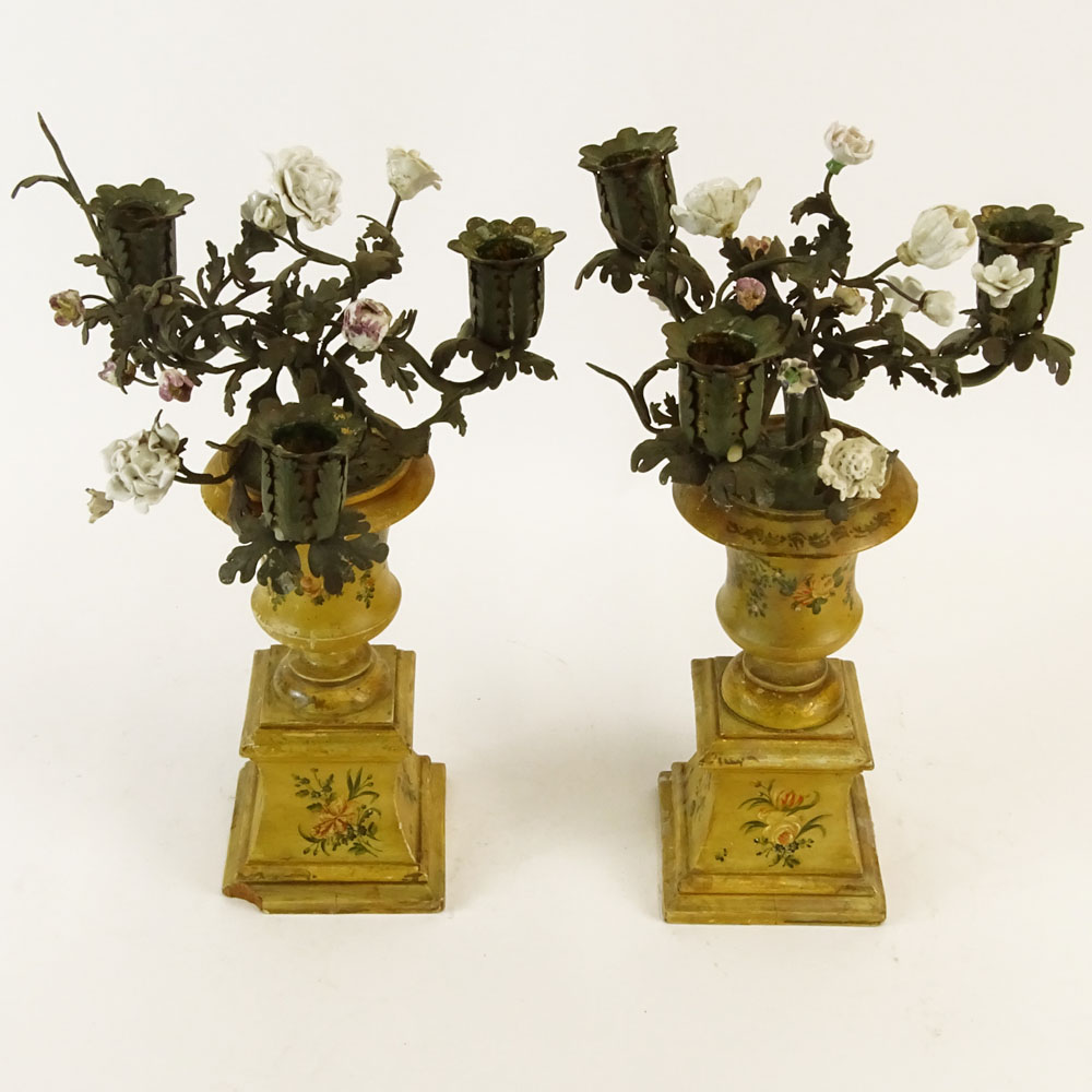 Pair of Early 20th Century Probably Italian Tole and Porcelain 3 Light Candelabra